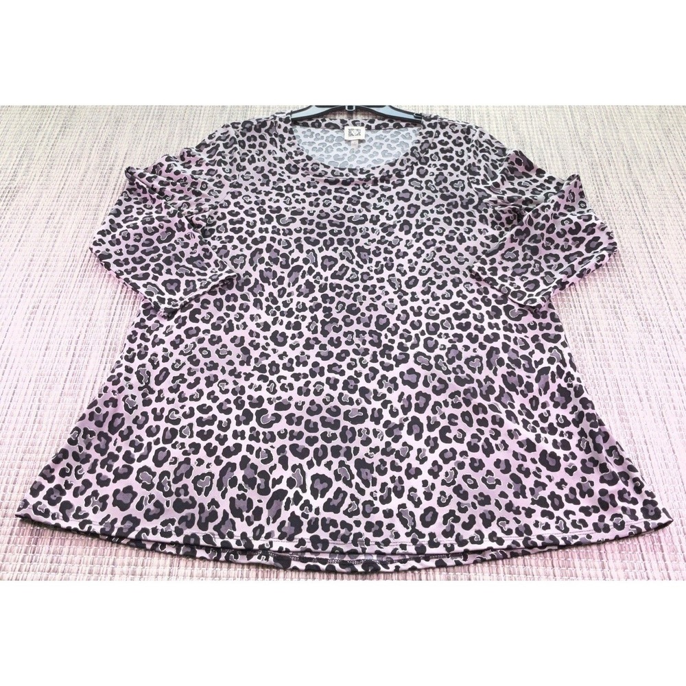 Anne Klein Womens Animal Print Blouse Grey Black Leopard 3/4 Sleeve Top Medium